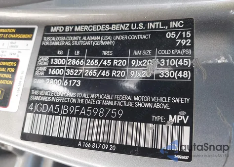 2015 Mercedes-Benz Ml 350 z USA, uszkodzony, nr VIN 4JGDA5JB9FA598759